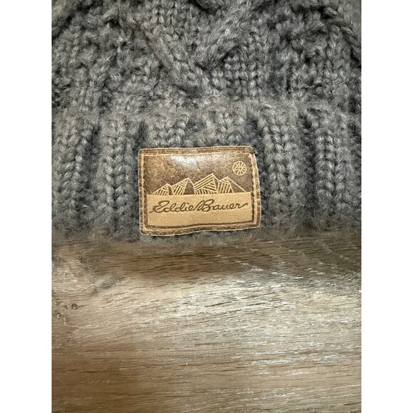 Eddie Bauer Chunky Knit Lined Beanie Pom Hat Gray Brown Winter Cottage Hat - Picture 3 of 6